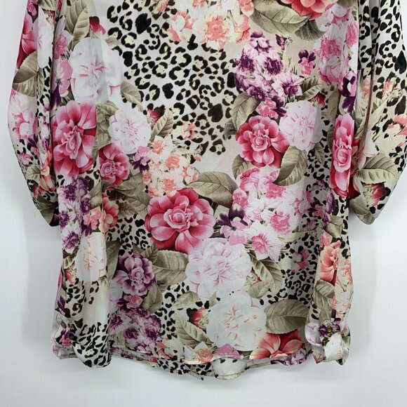 Dressbarn Top Floral Print Button Down V Neck Roll Tab Sleeve - Picture 10 of 10